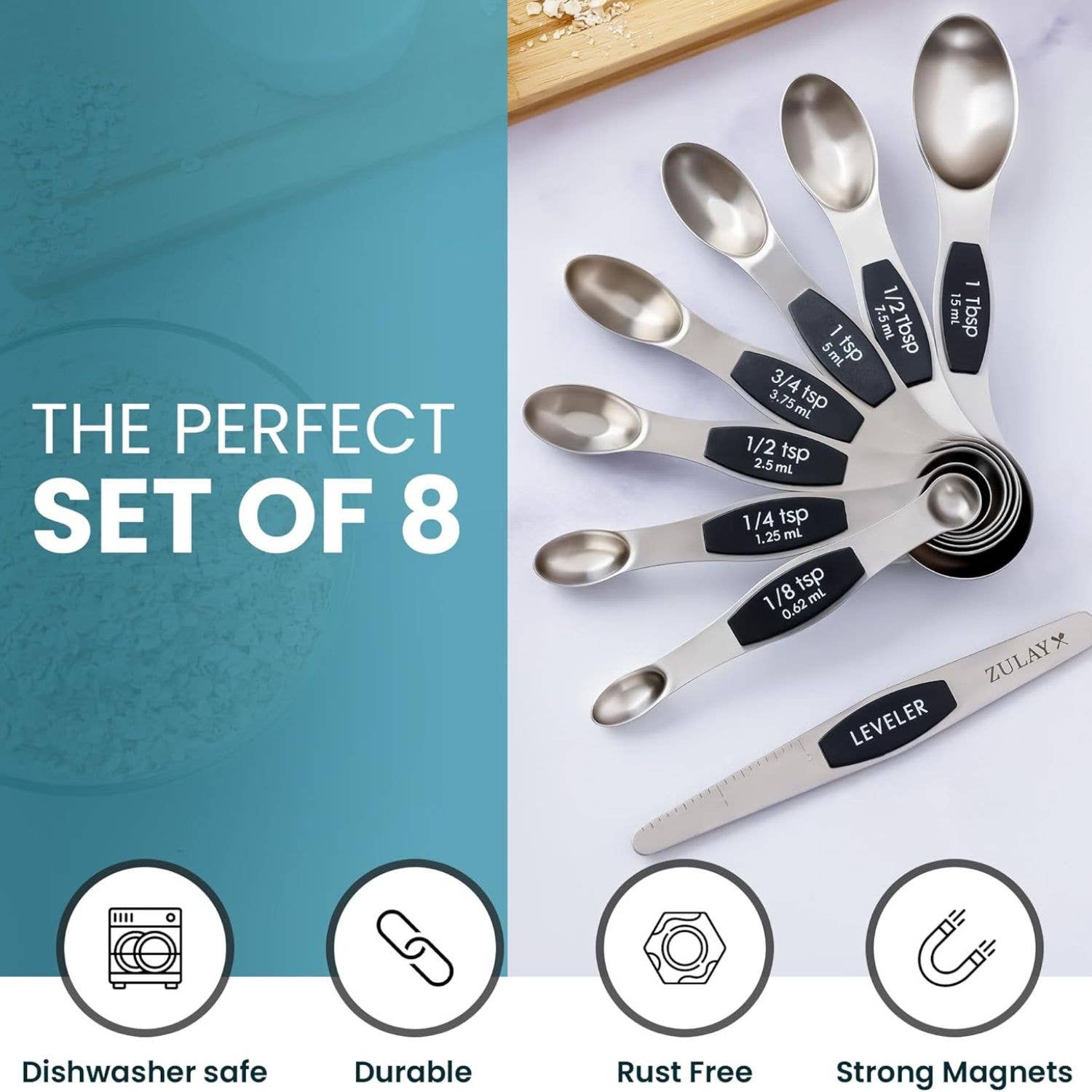 Zulay Kitchen - Stackable Magnetic Spoons Set of 8 - Stainless Steel: Sunset - MaisonBeach