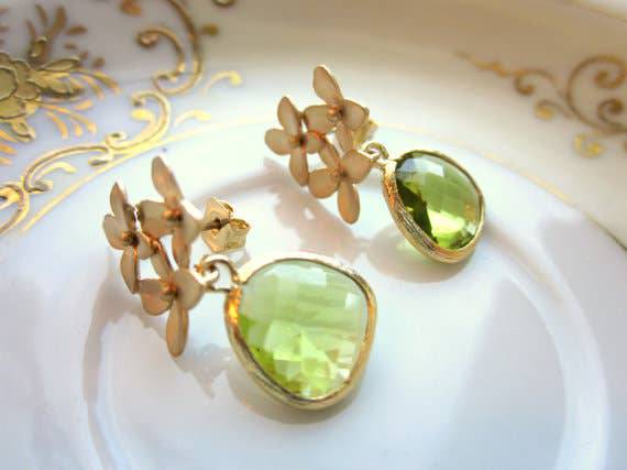 Laalee Jewelry - Peridot Apple Green Gold Cherry Blossom Earrings - MaisonBeach