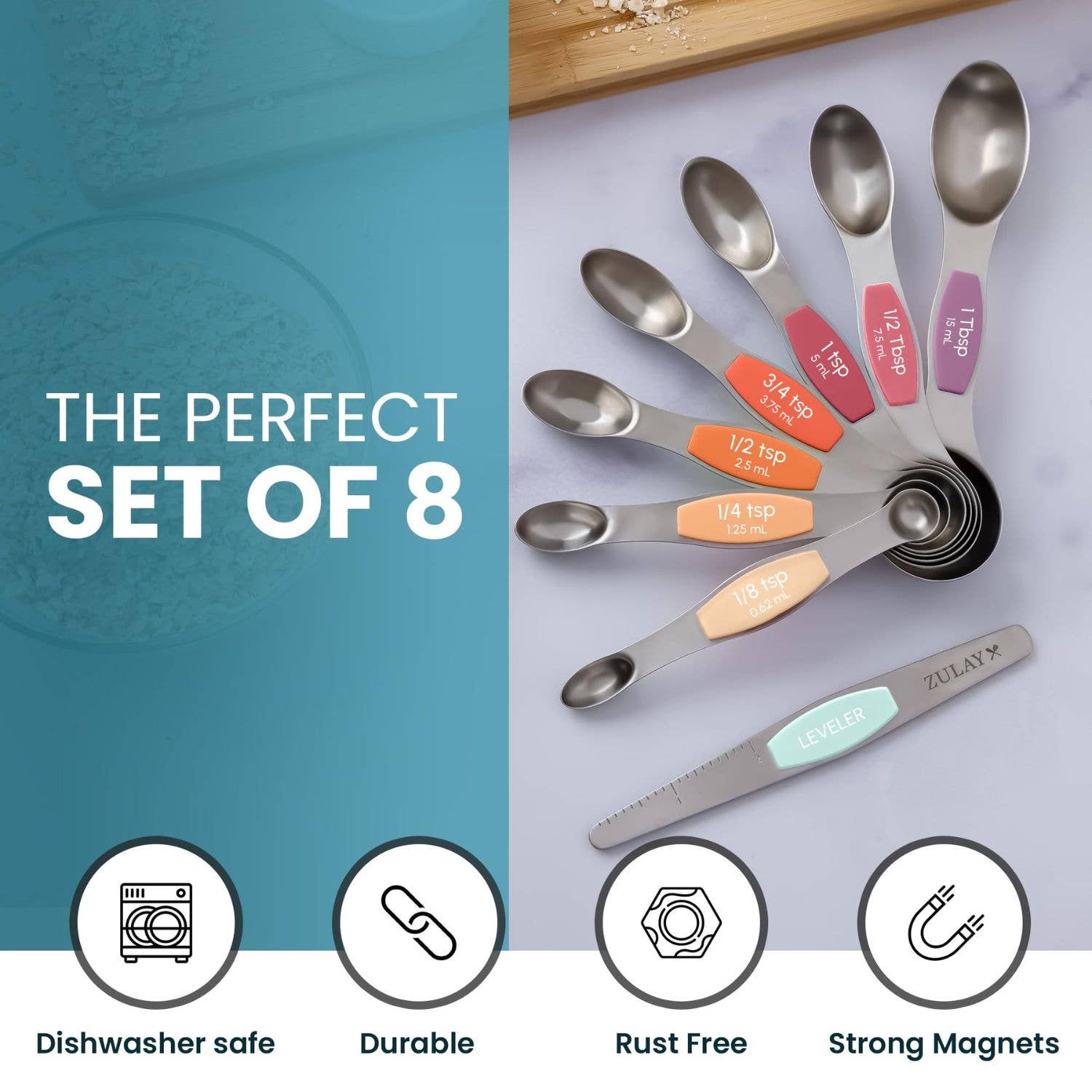 Zulay Kitchen - Stackable Magnetic Spoons Set of 8 - Stainless Steel: Sunset - MaisonBeach