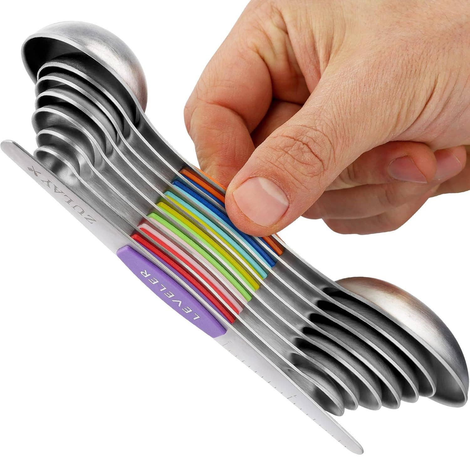 Zulay Kitchen - Stackable Magnetic Spoons Set of 8 - Stainless Steel: Multicolor - MaisonBeach