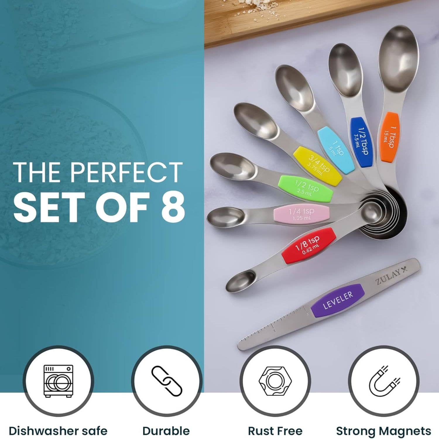 Zulay Kitchen - Stackable Magnetic Spoons Set of 8 - Stainless Steel: Sunset - MaisonBeach