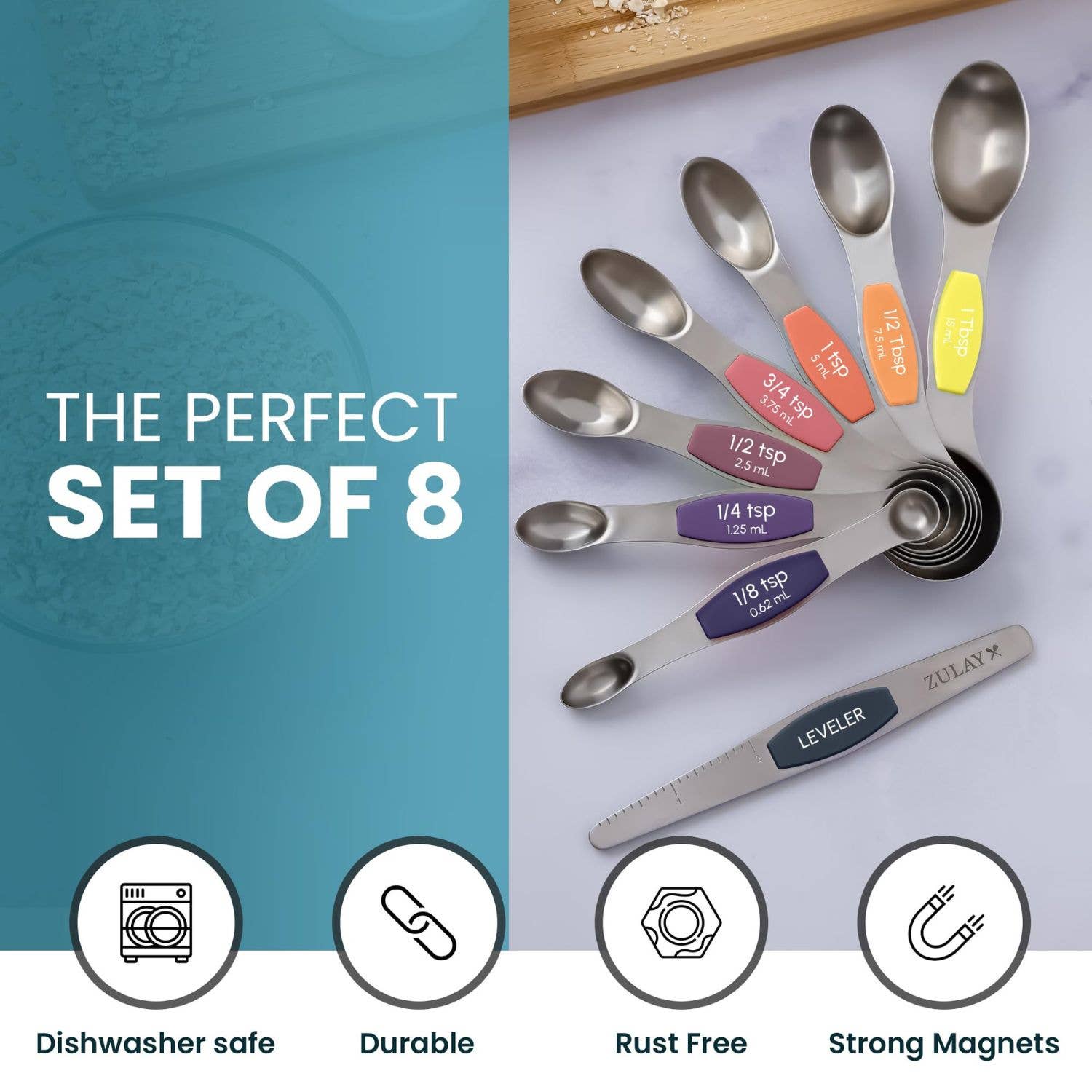 Zulay Kitchen - Stackable Magnetic Spoons Set of 8 - Stainless Steel: Sunset - MaisonBeach